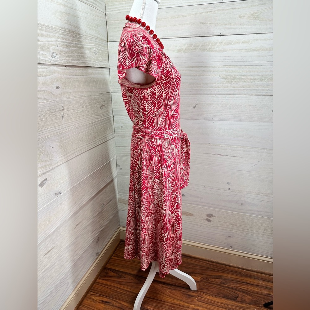 Lapis Red & Cream Print Wrap Dress M FREE SHIP - Picture 2 of 5